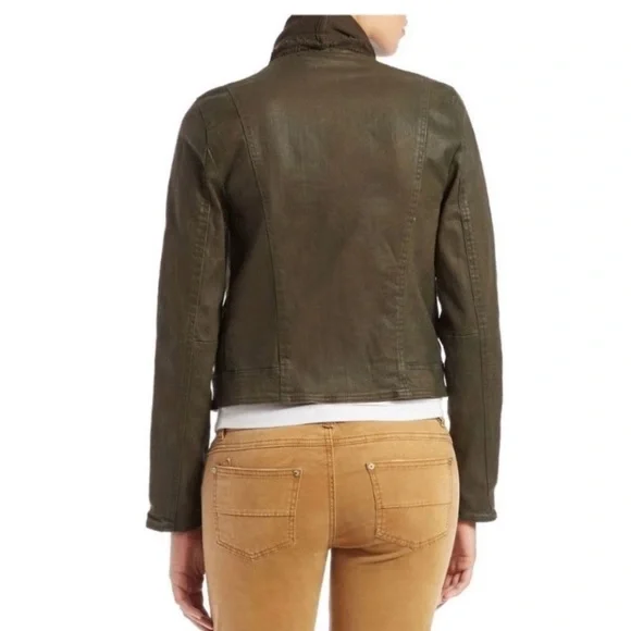 Free People Olive Green Drape Knit Coated Denim Moto Boho Fall Jacket Size 2 - Picture 7 of 9